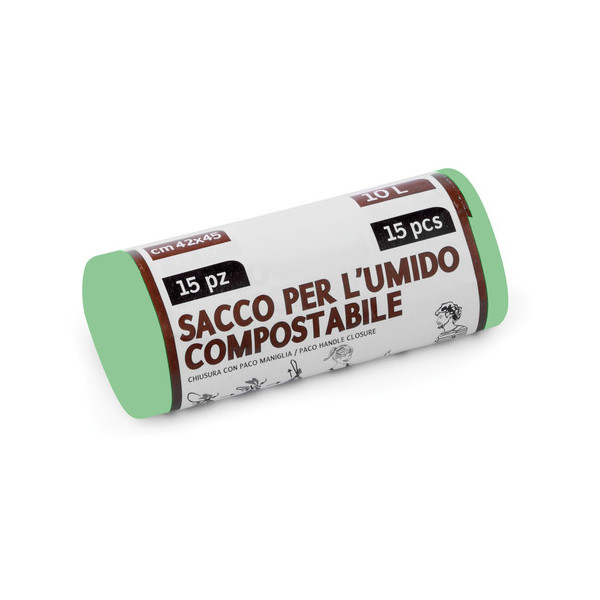 Rotolo 15 sacchi bianchi con maniglia per umido compostabile - 42x45 cm
